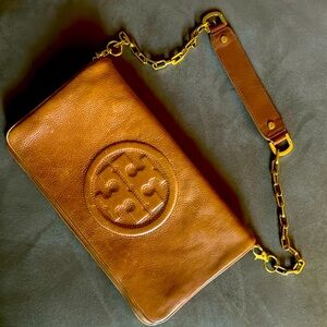 Tory Burch camel clutch size shoulder bag with gold detail